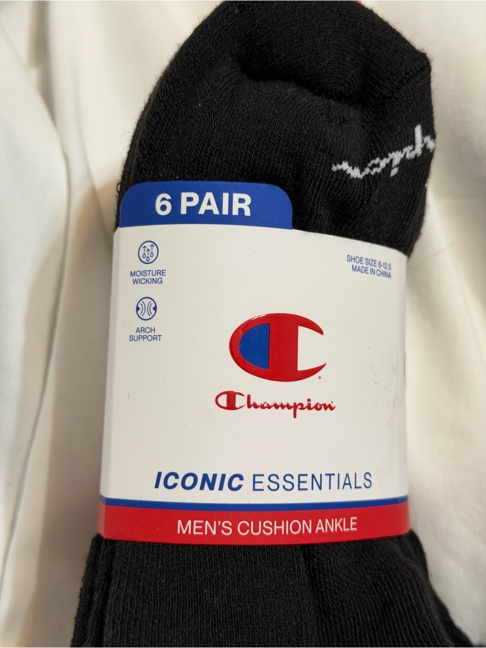 Champion Men's Cushion Ankle Socks - Black with Red & White Logo (6 Pair) - Picture 2 of 2